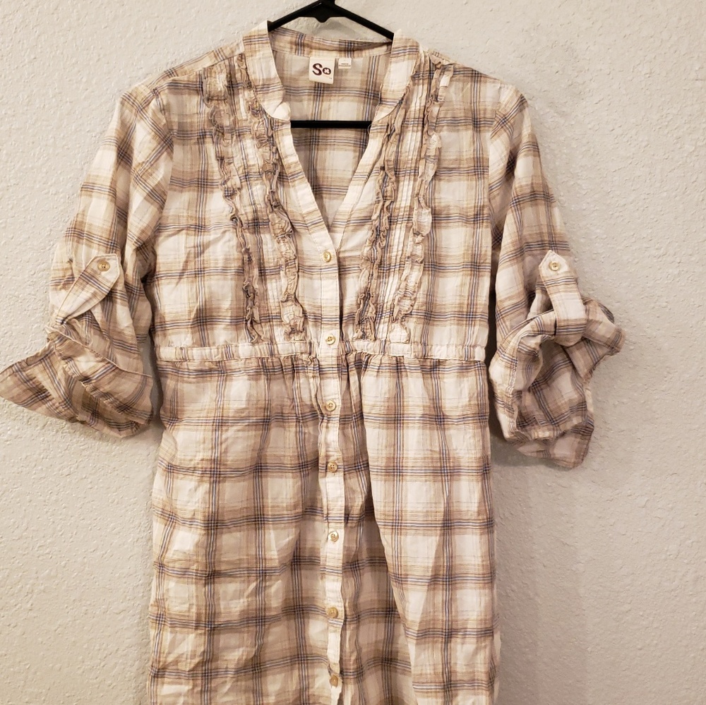 SO BRAND PLAID TIE BACK BUTTON DOWN TUNIC